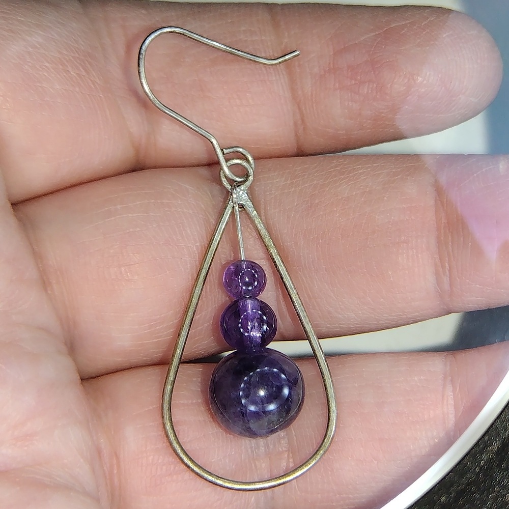 Beaded Round Amethyst Silver-Tone Teardrop Dangle Earrings